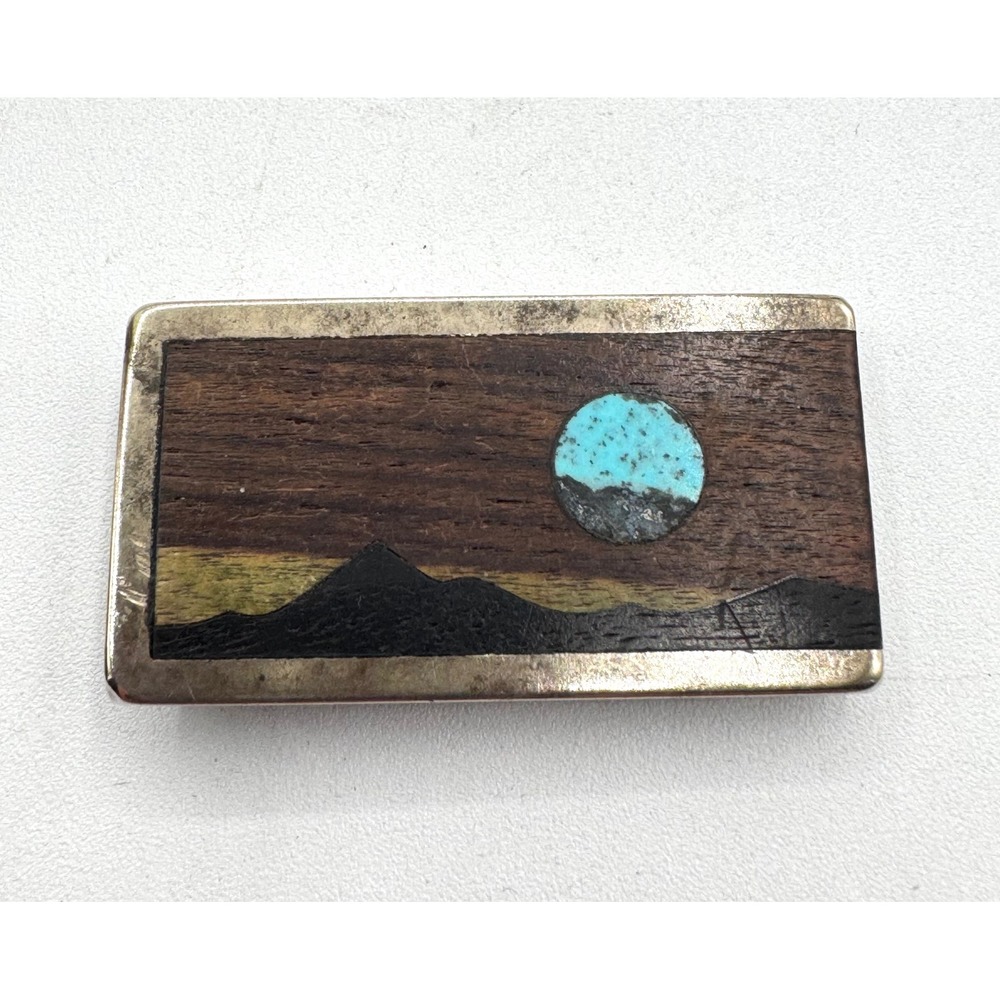Vintage 1983 Sky West Turquoise Wood Inlay Mountain Landscape Money Clip Mens